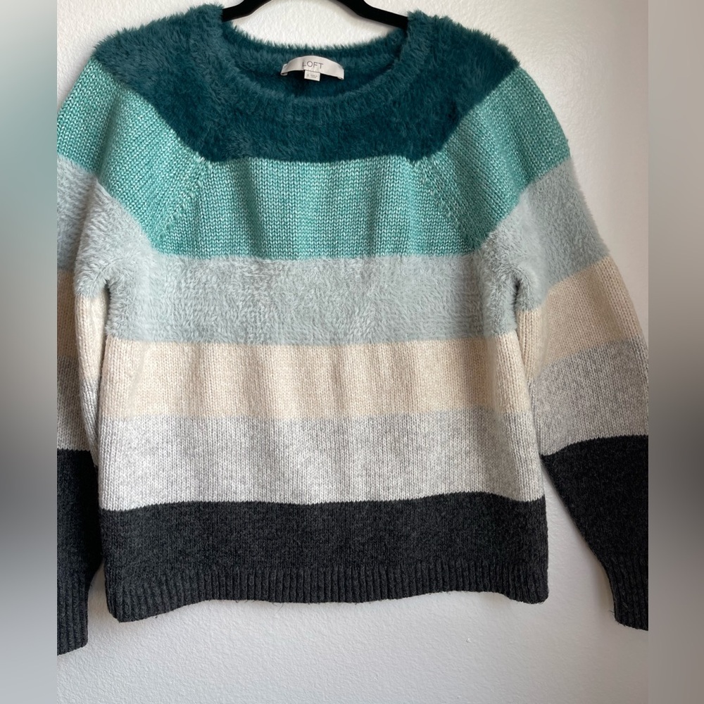 LOFT Striped Fuzzy Crewneck Sweater in Teal, Mint, Cream & Charcoal‎